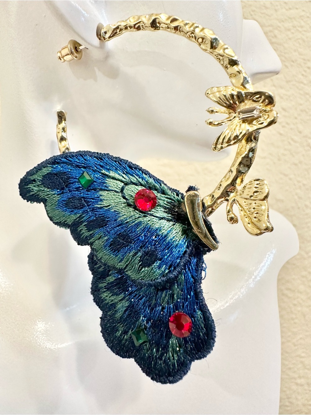 Gold Plated Butterfly Hoop Earrings with Blue-Green Embroidered Wings - Picture 2 of 2
